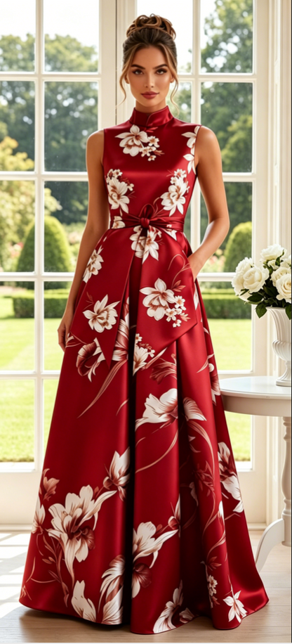High-Neck Floral A-Line Maxi Dress with Pockets
