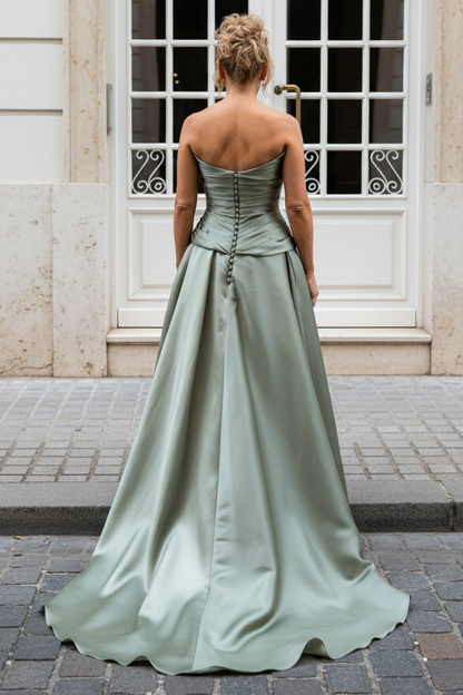 Strapless Pleated Satin Gown with High Slit