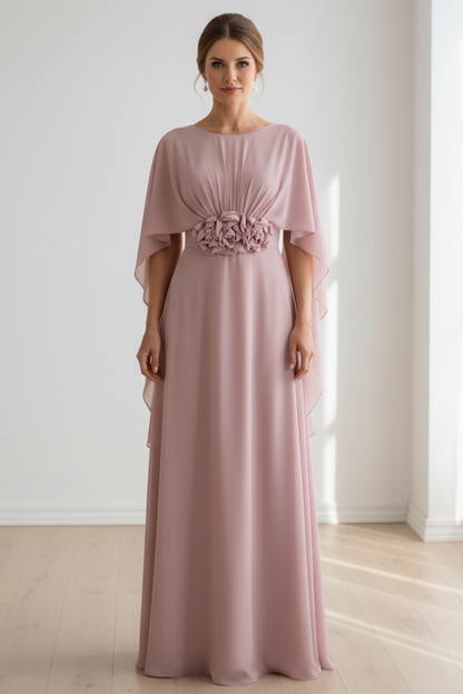 Cape Sleeve Chiffon Evening Gown with Floral Belt