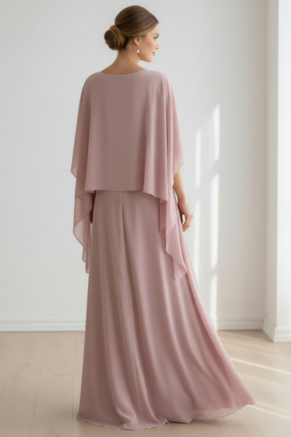 Cape Sleeve Chiffon Evening Gown with Floral Belt