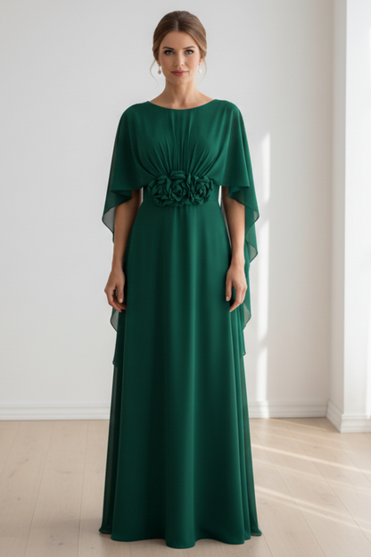 Cape Sleeve Chiffon Evening Gown with Floral Belt