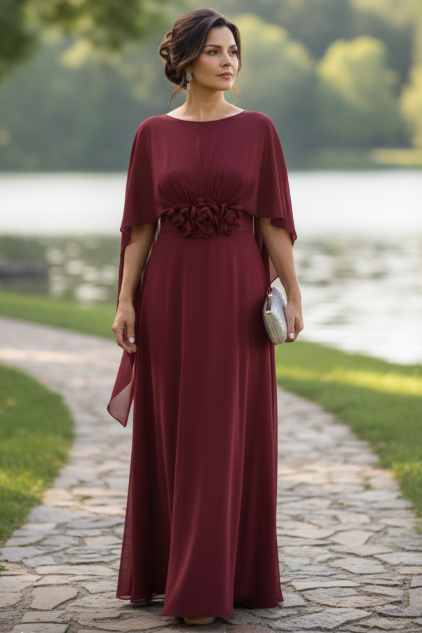 Cape Sleeve Chiffon Evening Gown with Floral Belt