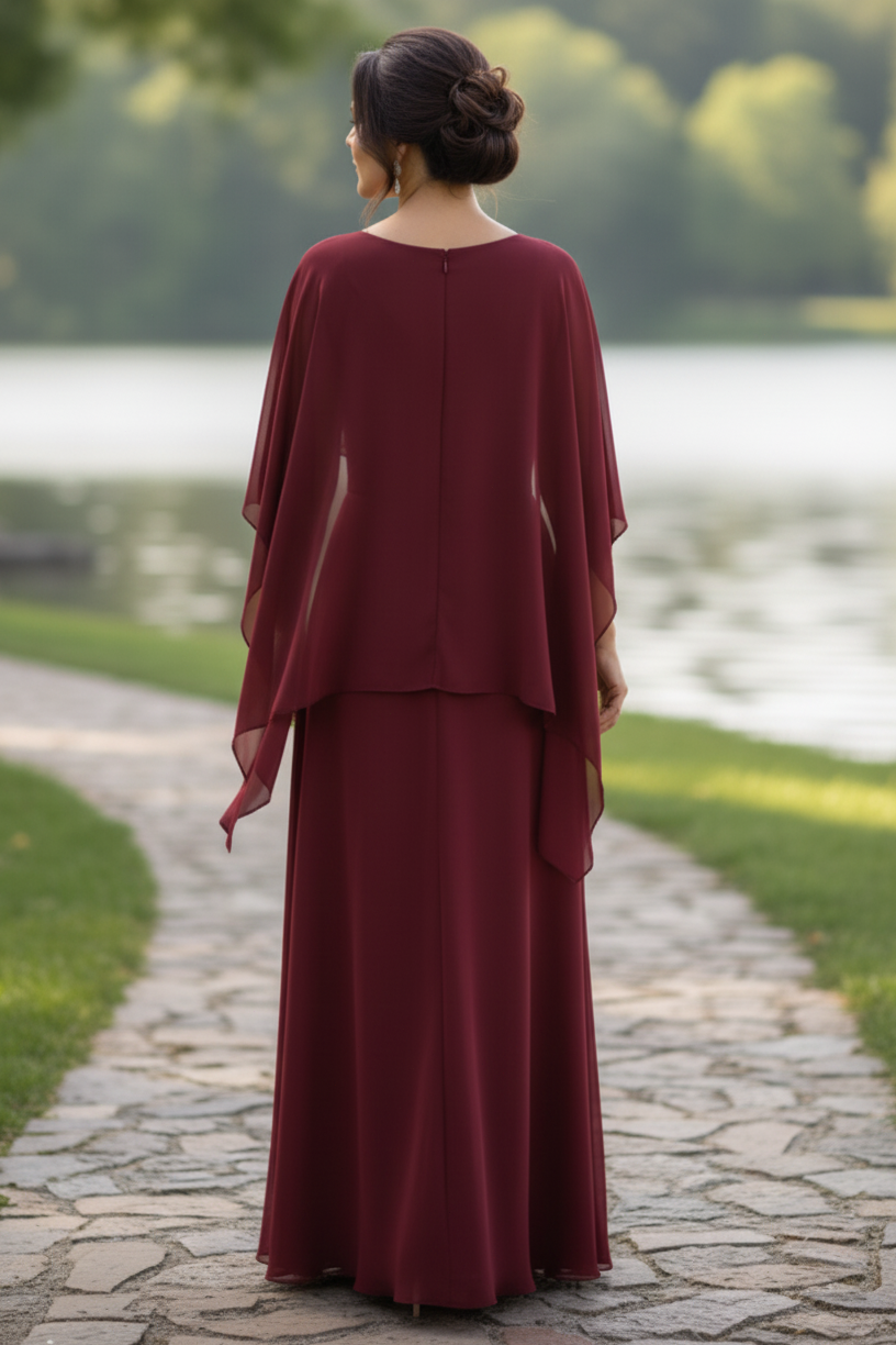 Cape Sleeve Chiffon Evening Gown with Floral Belt