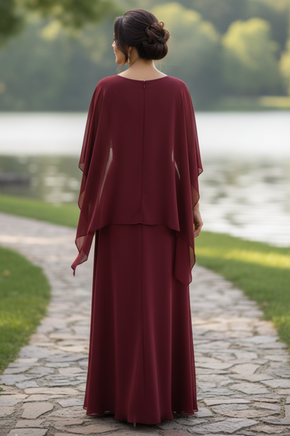 Cape Sleeve Chiffon Evening Gown with Floral Belt