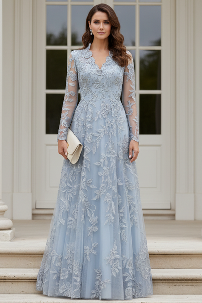 Embroidered Lace Long Sleeve A-Line Evening Gown