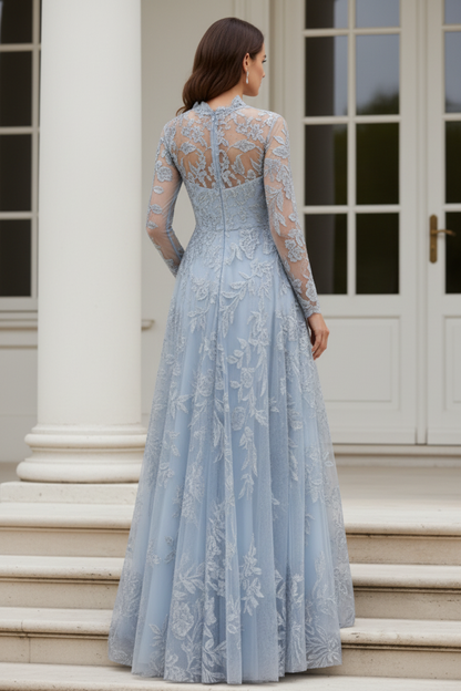 Embroidered Lace Long Sleeve A-Line Evening Gown