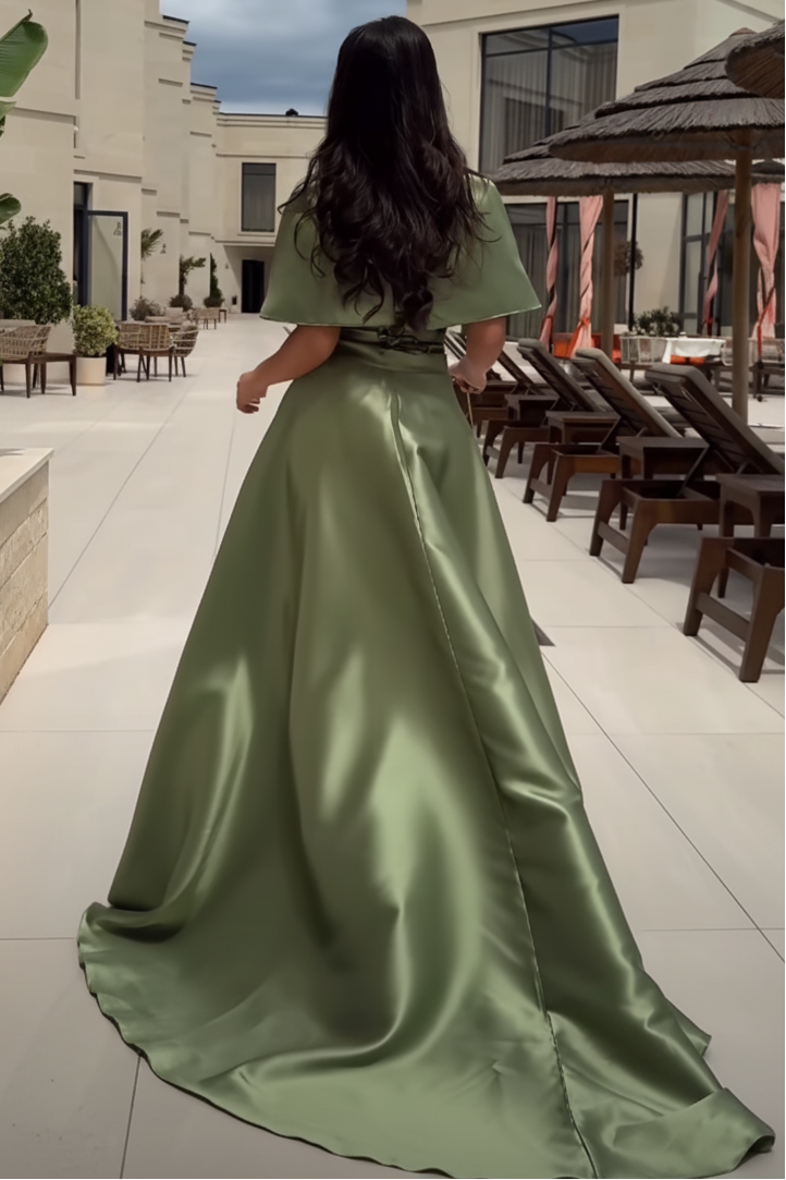 Cape Sleeve Satin A-Line Gown with Waist Belt