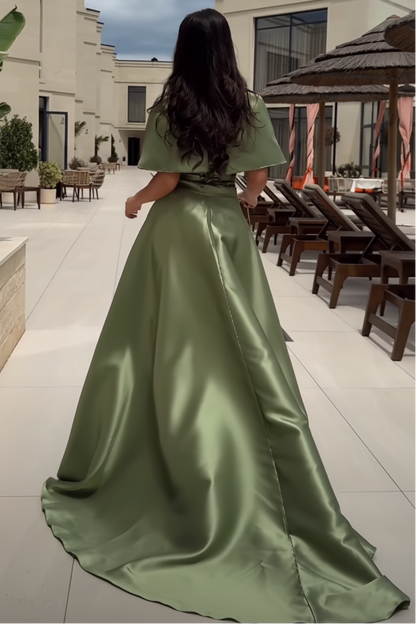 Cape Sleeve Satin A-Line Gown with Waist Belt