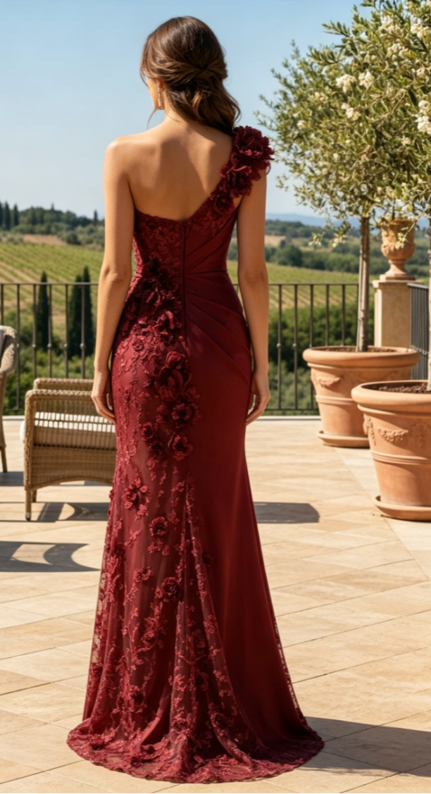One-Shoulder Floral Appliqué Gown with Slit