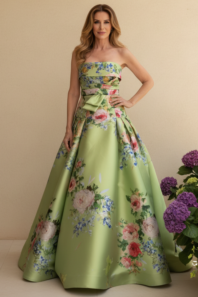 Strapless Floral Print Pleated Ball Gown