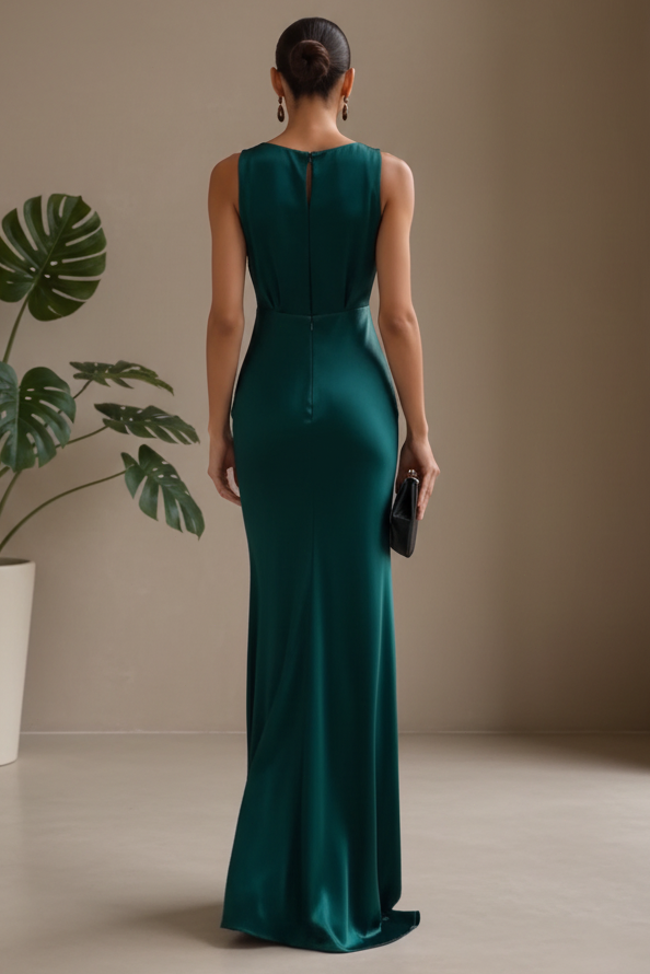 Sleeveless Keyhole Satin Maxi Evening Dress