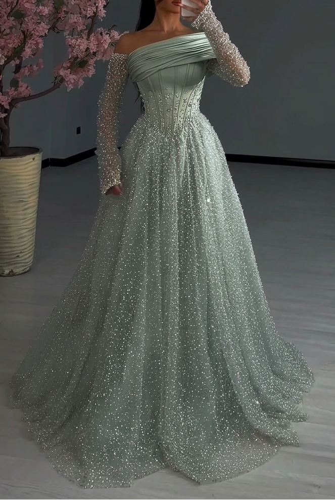 Corset Evening Gown with Beaded Sleeves and Skirt
