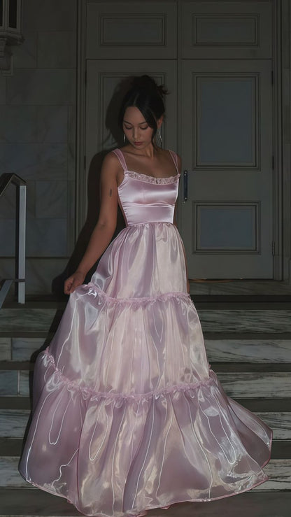 Stylish A Line Spaghetti Straps Pink Long Prom Dress with Lace