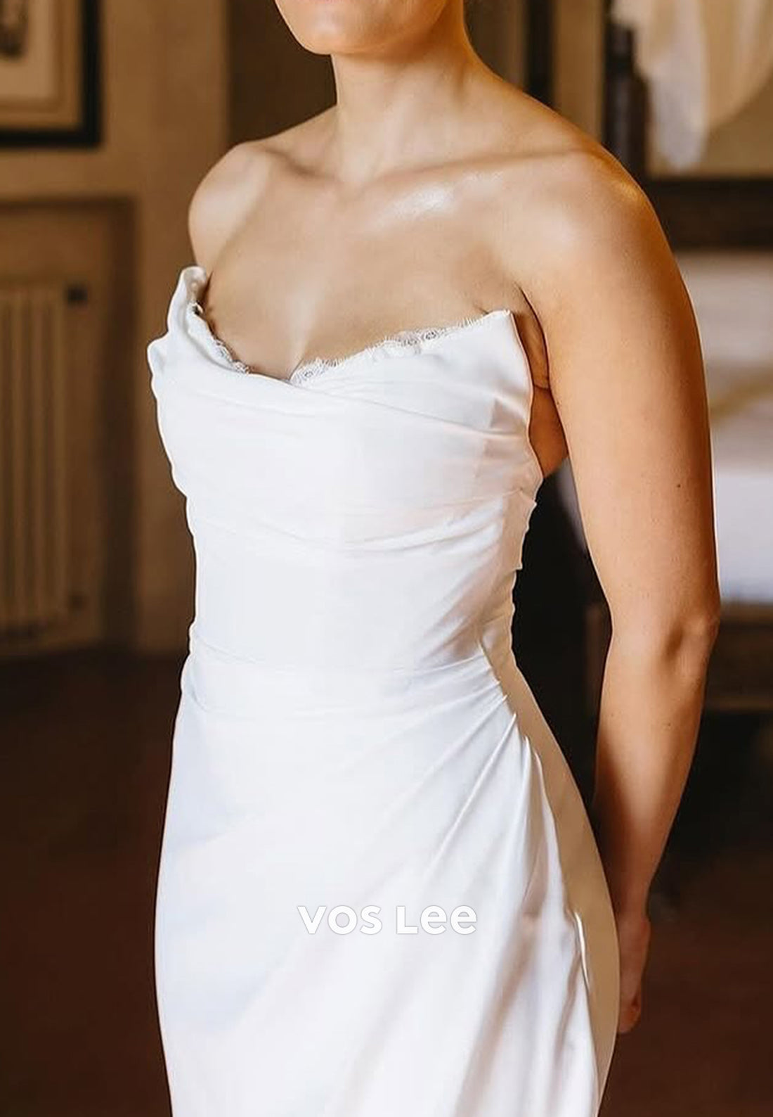 Simple Strapless Scoop Pleated Mermaid Wedding Dresses with Sweep Train