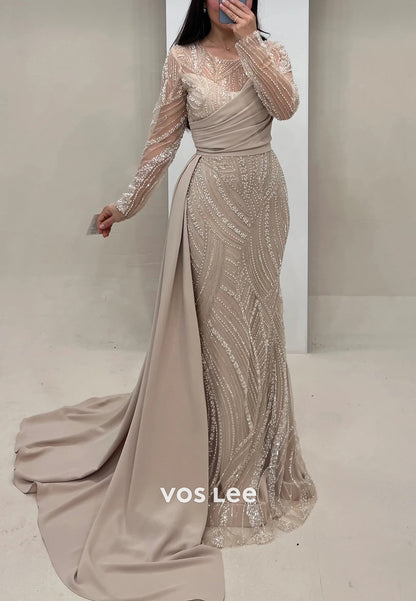 Long Sleeve Illusion Neck Fully Beading Sequins Mermaid Evening Dresses with Sweep Train