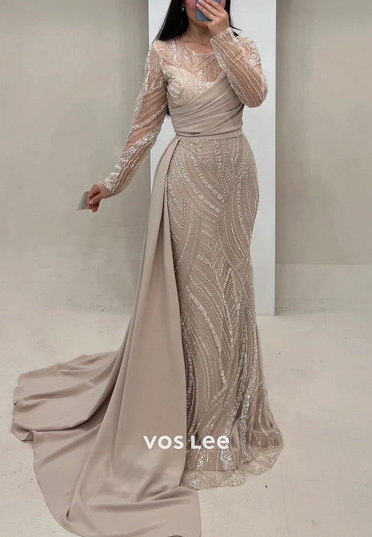 Long Sleeve Illusion Neck Fully Beading Sequins Mermaid Evening Dresses with Sweep Train