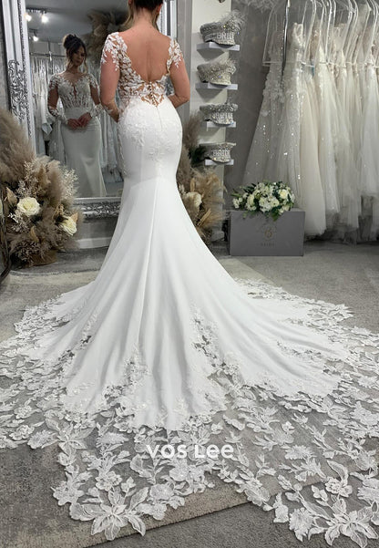 Long Sleeve V Neck Appliques Lace Long Mermaid Wedding Dresses with Court Train