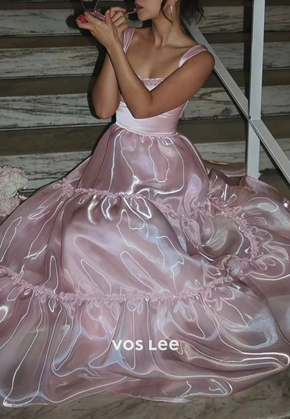 Sparkling & Simple Pink A-Line Scoop Prom Dresses Evening Dresses with Sweep Train