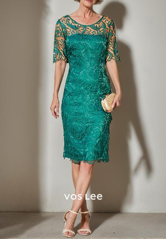 Short Sleeve Illusion Neck Appliques Lace Sheath Mother of Bride Dresses