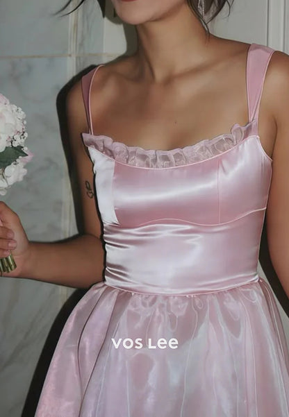Sparkling & Simple Pink A-Line Scoop Prom Dresses Evening Dresses with Sweep Train