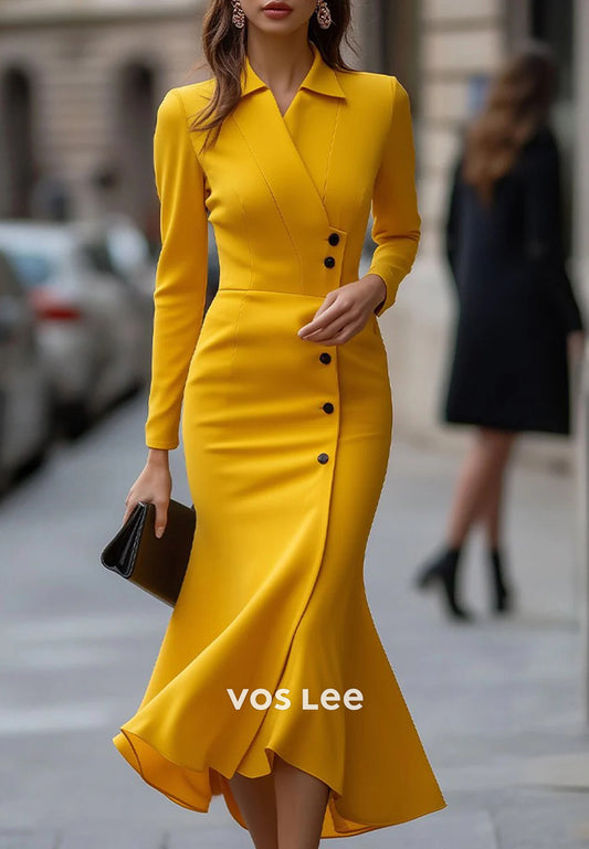 Long Sleeve V Neck Ruched Tea-Length Trumpet Wedding Guest Dresses Party Dresses