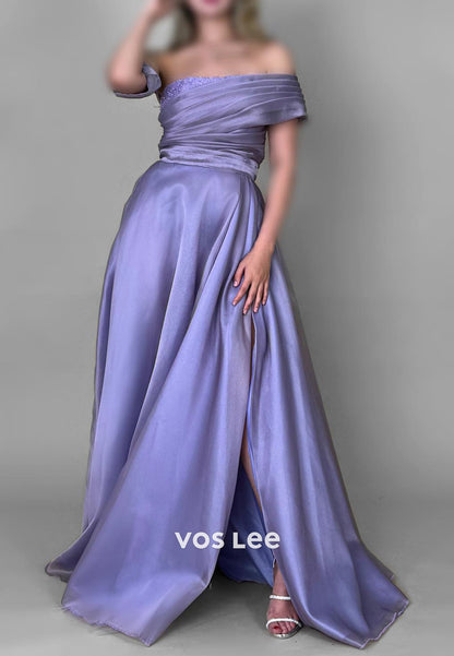 Classic A-Line One Shoulder Beading Pleated Split Evening Dresses with Sweep Train