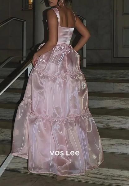 Sparkling & Simple Pink A-Line Scoop Prom Dresses Evening Dresses with Sweep Train