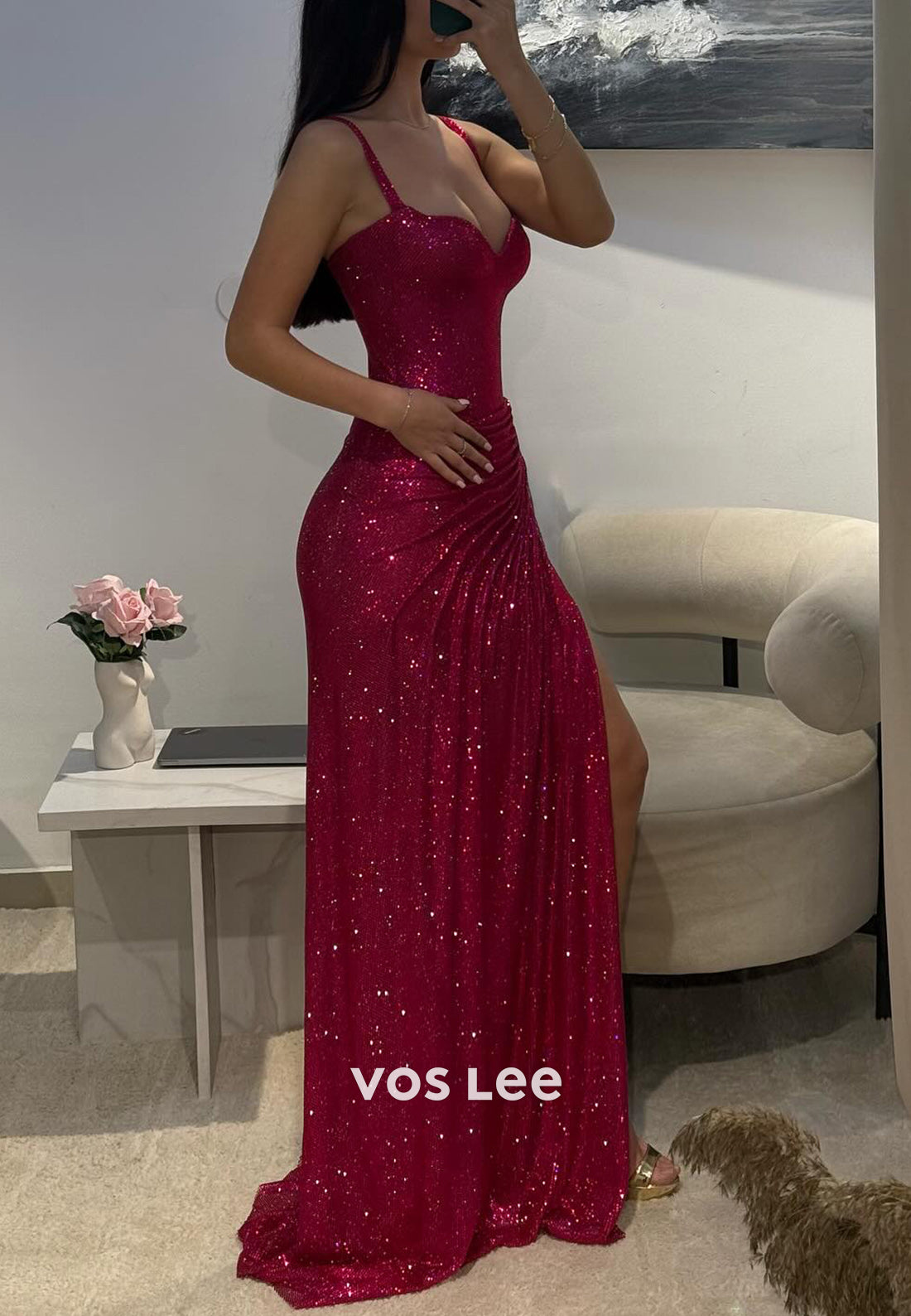 Elegant & Luxurious Spaghetti Straps Pleated Mermaid Evening Dresses with High Spilt