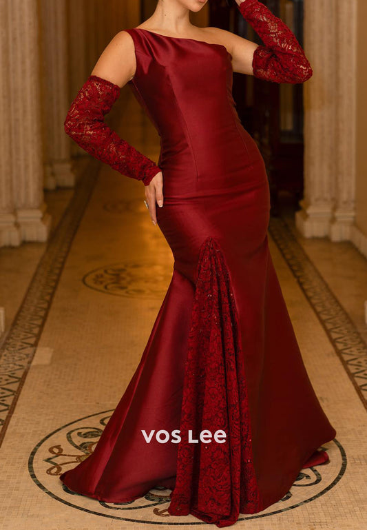 Burgundy One Shoulder Appliques Lace Long Trumpet Evening Dresses