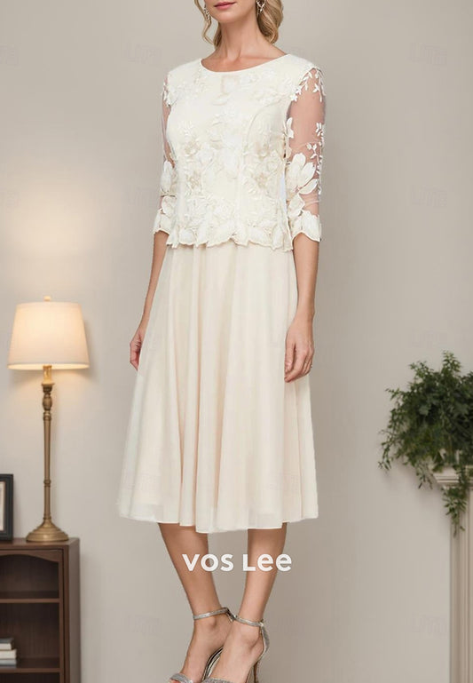 Classic A-Line Scoop Appliques Lace Pleated Mother of Bride Dresses