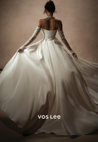 A-Line Strapless Bowknot Sweetheart Pleated Wedding Dresses with High Split