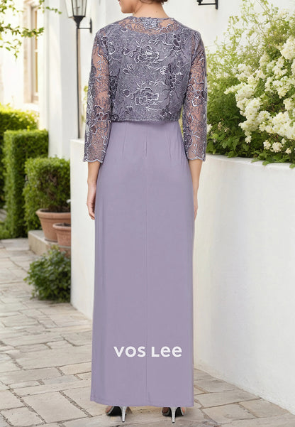 3/4 Sleeve Two Pieces Square Appliqued Lace Ankle-Length Mother of Bride Dresses