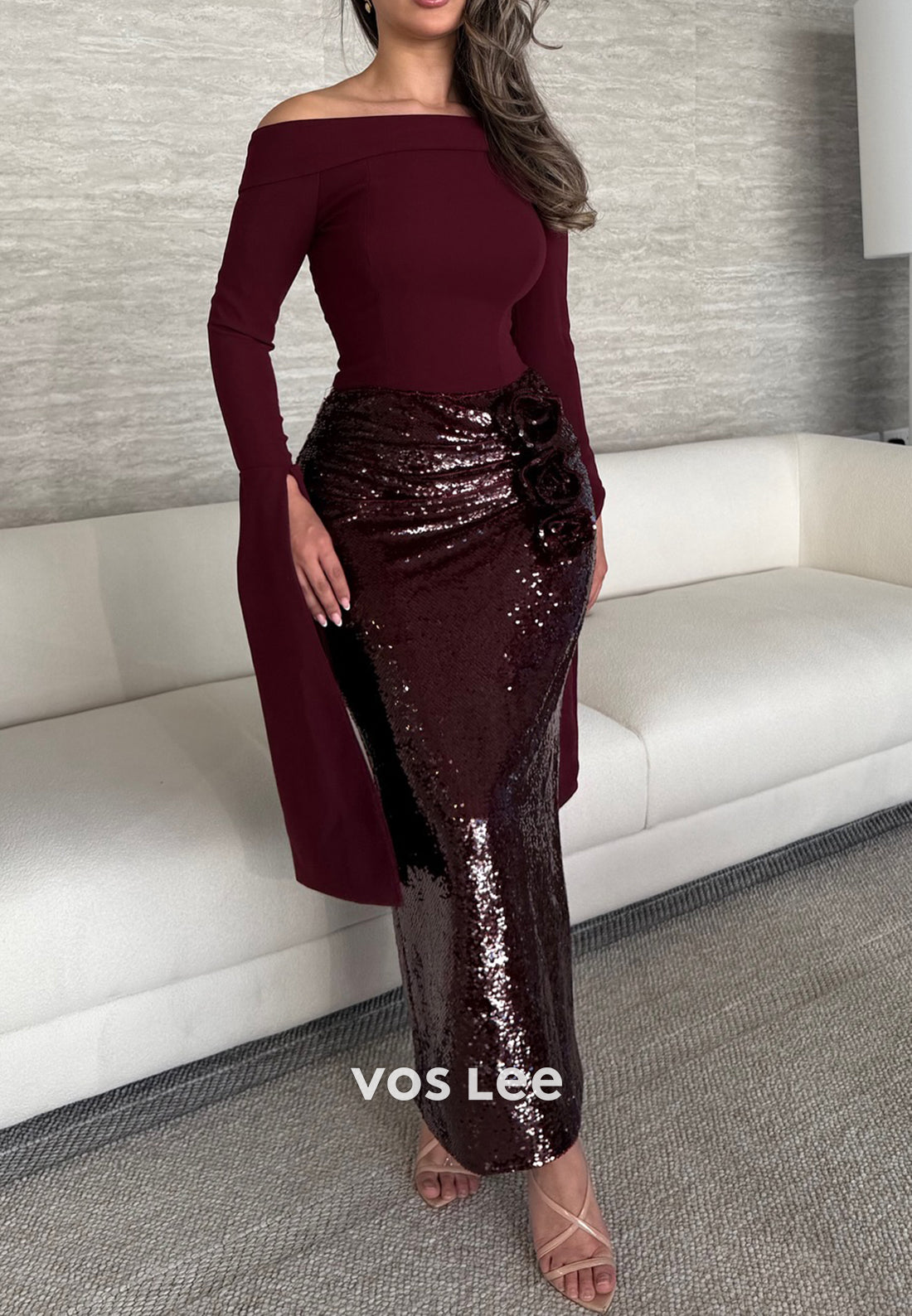 Long Sleeve Off the Shoulder Sequined Flowers Ankle-Length Mermaid Evening Dresses