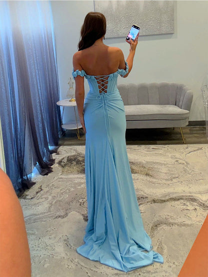 Off the Shoulder Light Blue Satin Corset Prom Dress with 3D Rosettes