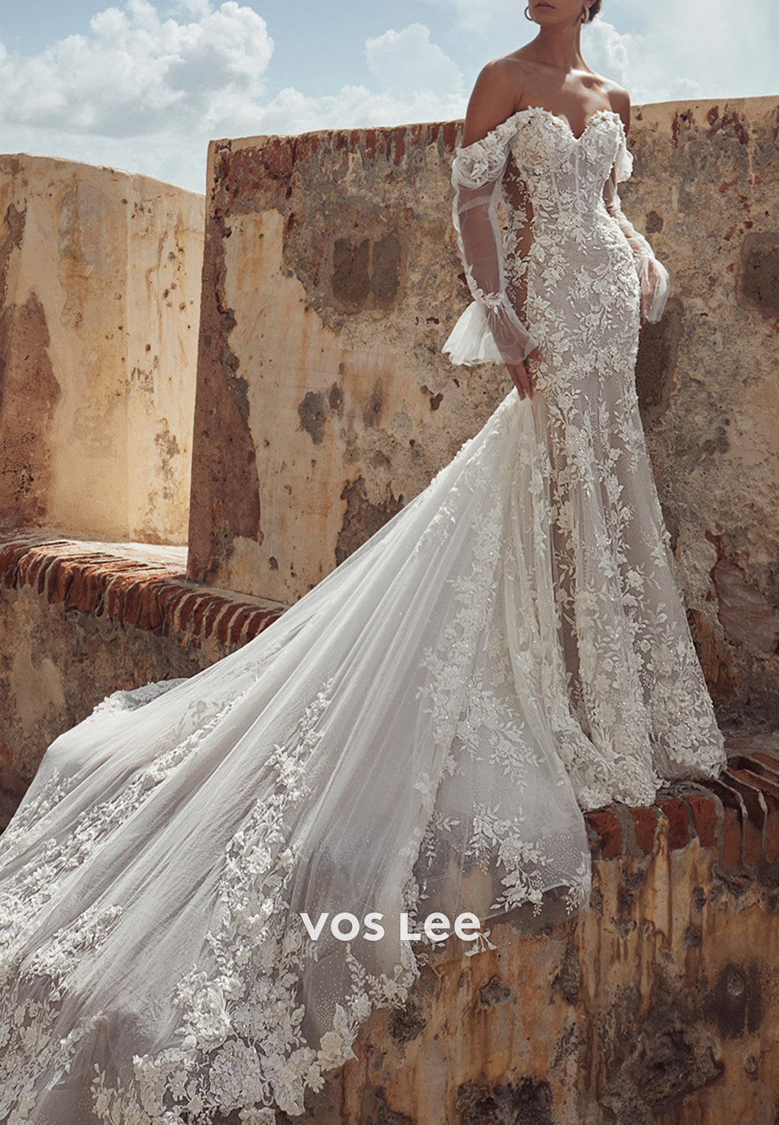 Detachable Long Sleeve Sweetheart Lace Appliques Mermaid Wedding Dresses with Court Train