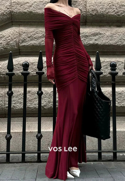 Sexy & Hot Long Sleeve Off the Shoulder Pleated Floor-Length Mermaid Evening Dresses