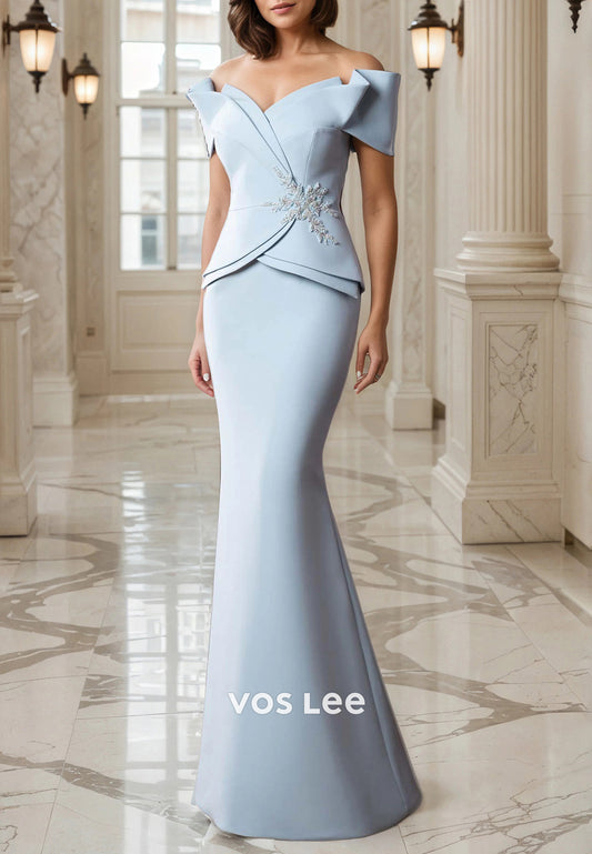 Short Sleeve Off the Shoulder Floor-Length Pleated Mermaid Mother of Bride Dresses