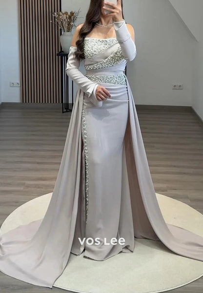 Sexy & Hot Long Sleeve Strapless Beaded Mermaid Evening Dresses with Court Train
