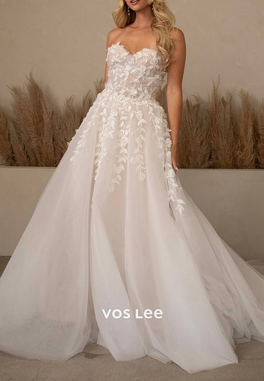 A-Line Strapless Sweetheart Appliques Embellished Wedding Dresses with Court Train