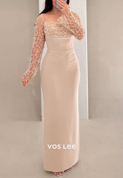 Classic Long Sleeve Square Beaded Pleated Mermaid Evening Dresses with Court Train