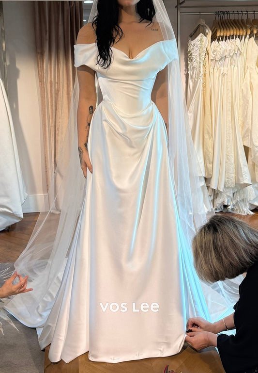Off the Shoulder Pleated Maxi Dresses Sheath Wedding Dresses Court Train
