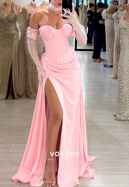 Strapless Sweetheart Pleated Mermaid Prom Dresses with Sweep Train