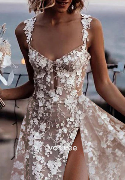 A-Line Spaghetti Straps Sweetheart Appliques Lace Wedding Dresses with Sweep Train