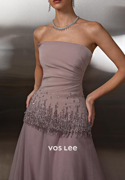 A-Line Strapless Bead-Fringed Tulle Prom Dresses with Sweep Train