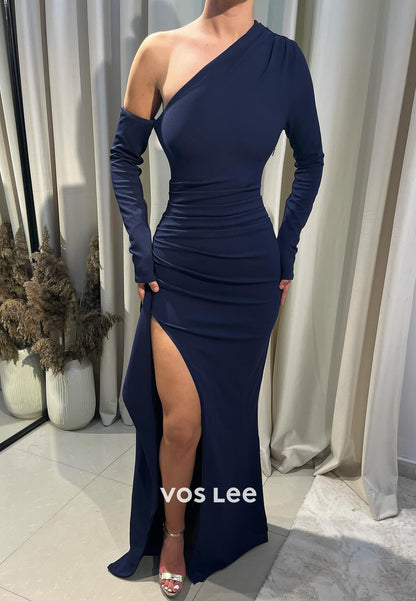 Long Sleeve One Shoulder Pleated Mermaid Long Evening Dresses with Side Split