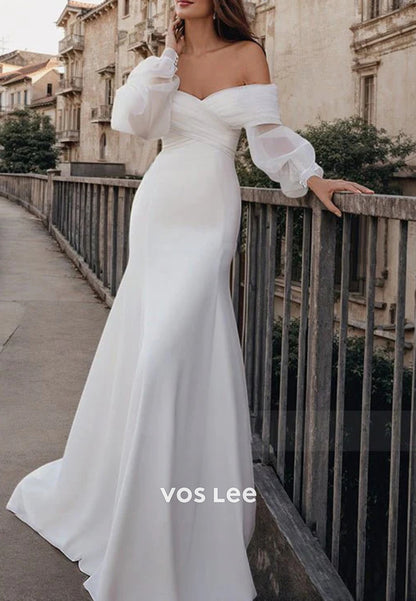 Long Sleeve Off the Shoulder Pleated Beach Mermaid Wedding Dresses with Sweep Train