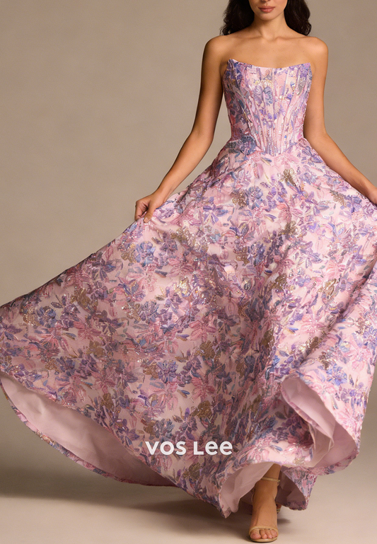 Pink Strapless A Line Sequined Appliques Formal Prom Dresses