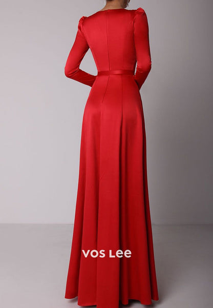 Long Sleeve Square Floor-Length Pleated Sheath Evening Dresses with High Split