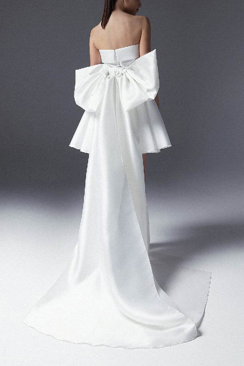Strapless Satin Mini Wedding Dress with Oversized Bow and Detachable Train