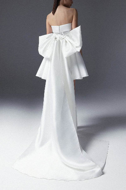 Strapless Satin Mini Wedding Dress with Oversized Bow and Detachable Train